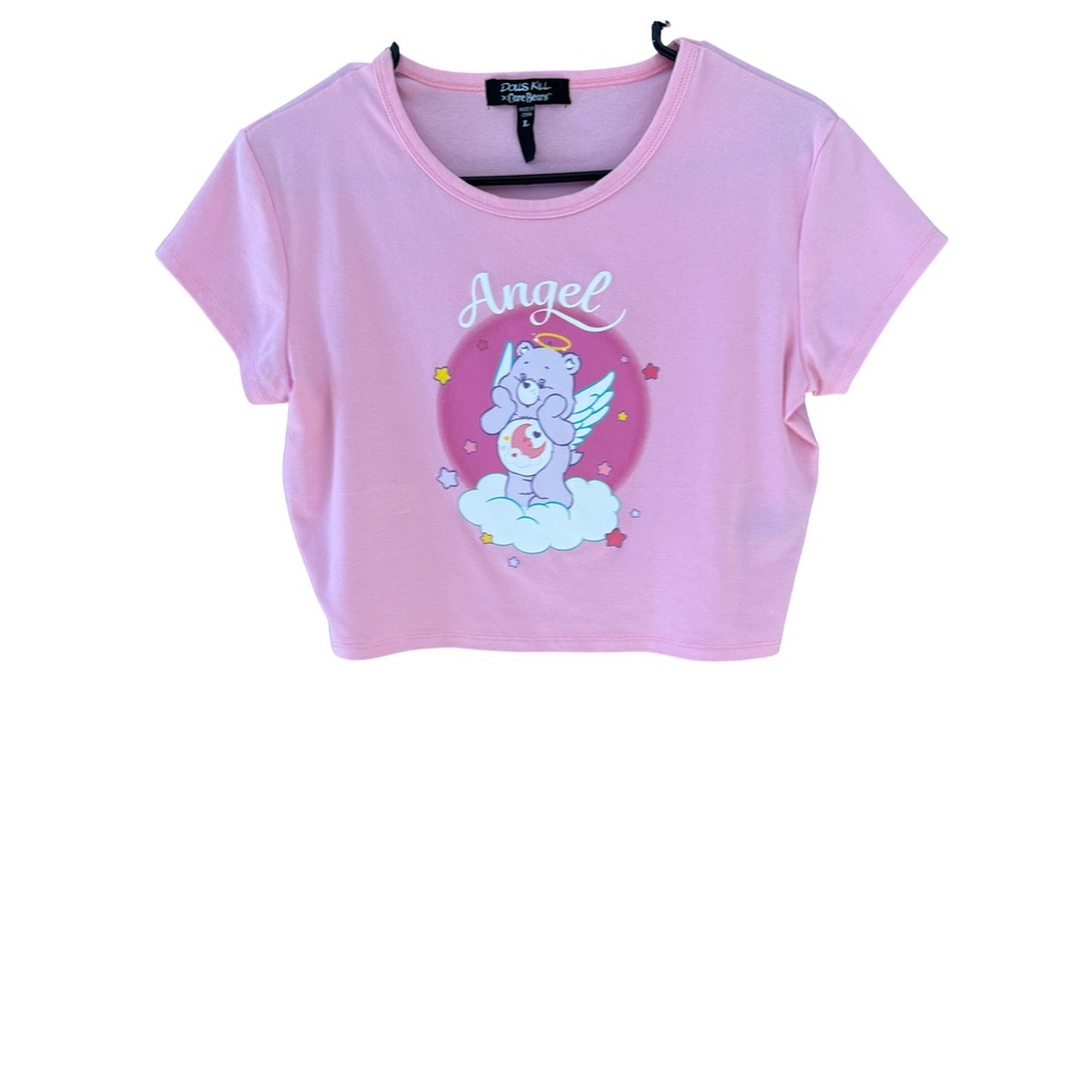 Dolls Kill x Care Bears Pink Angel Share Bear Crop Baby Tee Large DKCB20045